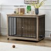 Furniture Style Dog Crate Side Table With Rotatable Feeding Bowl, Wheels, Three Doors, Flip-Up Top Opening. Indoor, Grey, 43.7"W x 30"D x 33.7"H