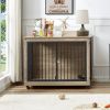 Furniture Style Dog Crate Side Table With Rotatable Feeding Bowl, Wheels, Three Doors, Flip-Up Top Opening. Indoor, Grey, 43.7"W x 30"D x 33.7"H