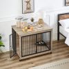 Furniture Style Dog Crate Side Table With Rotatable Feeding Bowl, Wheels, Three Doors, Flip-Up Top Opening. Indoor, Grey, 43.7"W x 30"D x 33.7"H